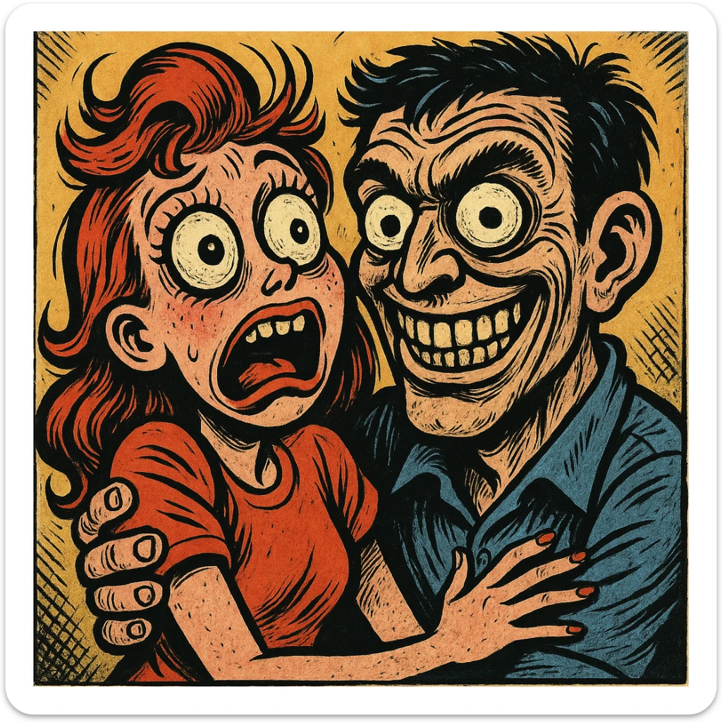 cartoon style girl with boyfriend, unsettling and exaggerated, comic book style sticker