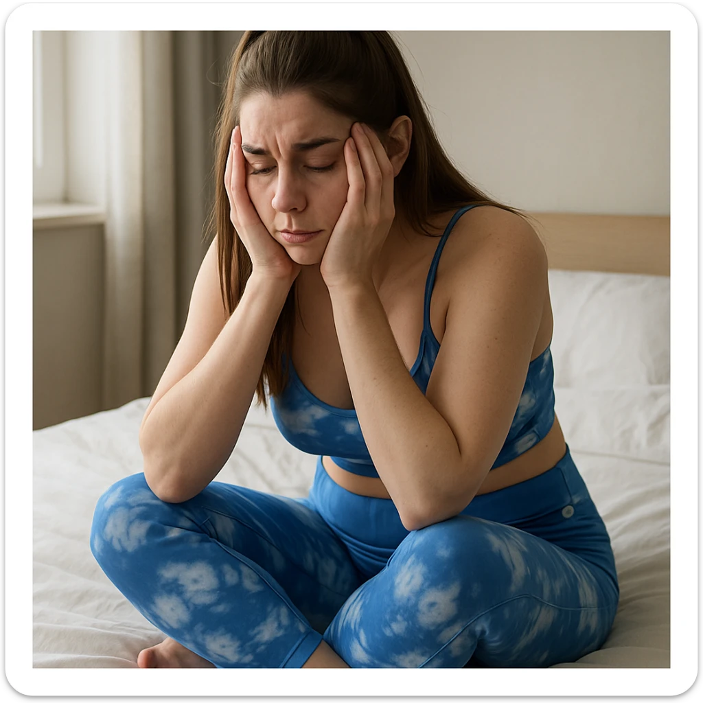A slender woman in 4K, sitting on the bed in the morning, holding her head in her hands, with tired and swollen eyes, an exhausted expression, and dim natural light, inspired by the reference photo. sticker
