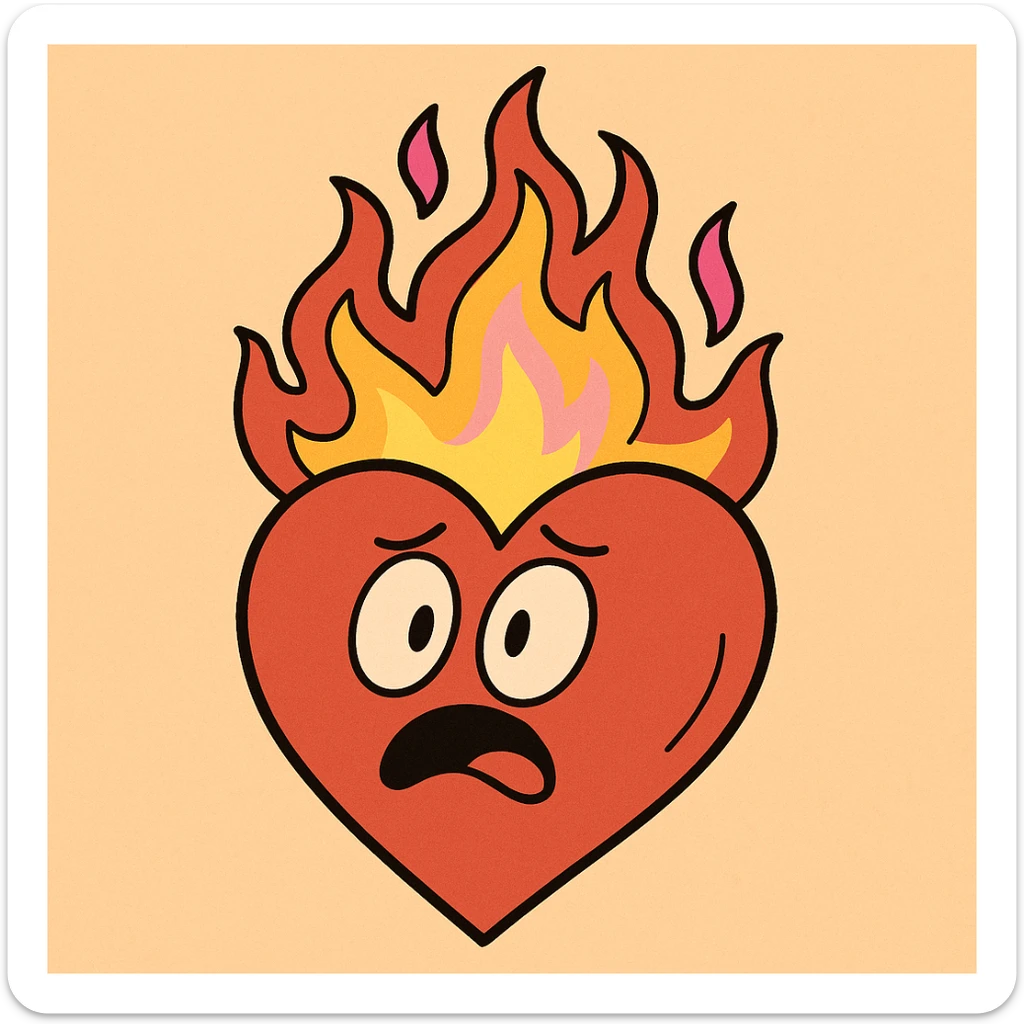 heart with flames of fire in red-orange, yellow, and pink, cartoon style sticker