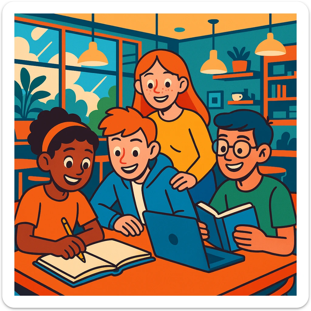 groupe de quatre étudiants, deux garçons et deux filles, travaillant ensemble sur un projet, ambiance conviviale, posture détendue, fond de bibliothèque ou café moderne, style cartoon coloré sticker