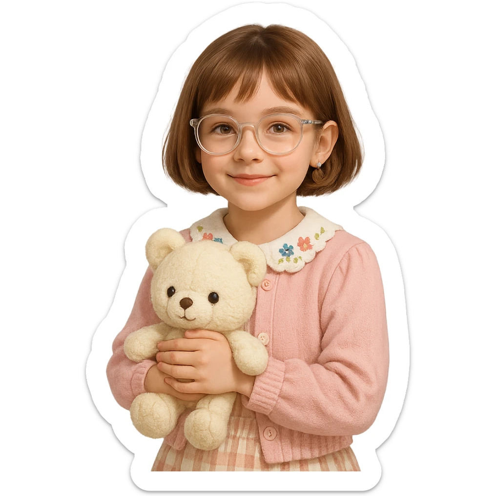 10 year old girl with clear glasses and short light brown hair, cute core style, holding a plush toy sticker