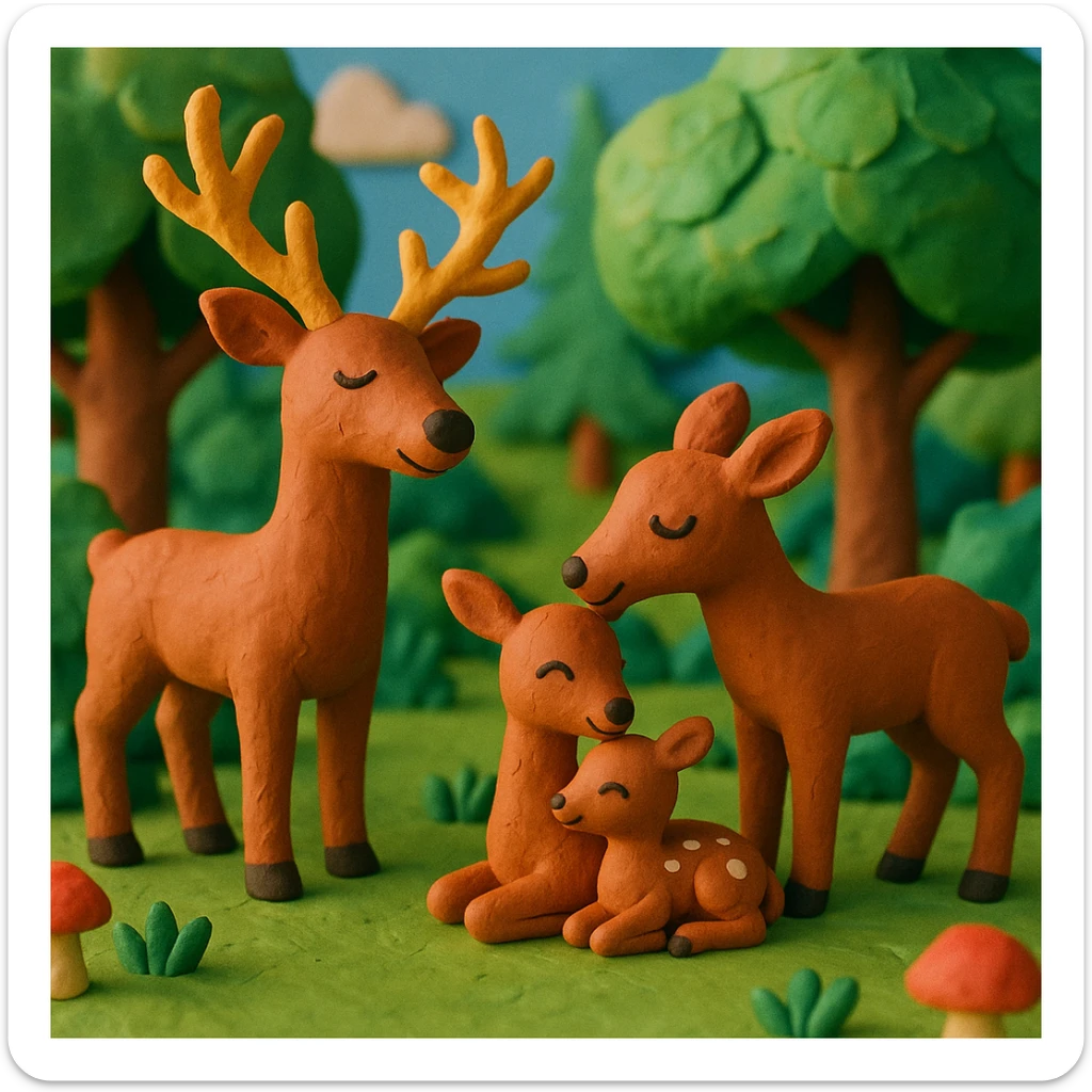 deer family in a woodland clearing, vibrant colors, cheerful and cozy, claymation style sticker