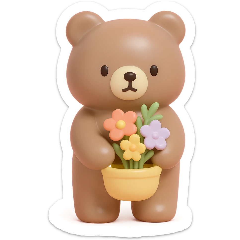 bear carrying a basket of wildflowers, soft pastel brown and cream, vinyl figure style sticker