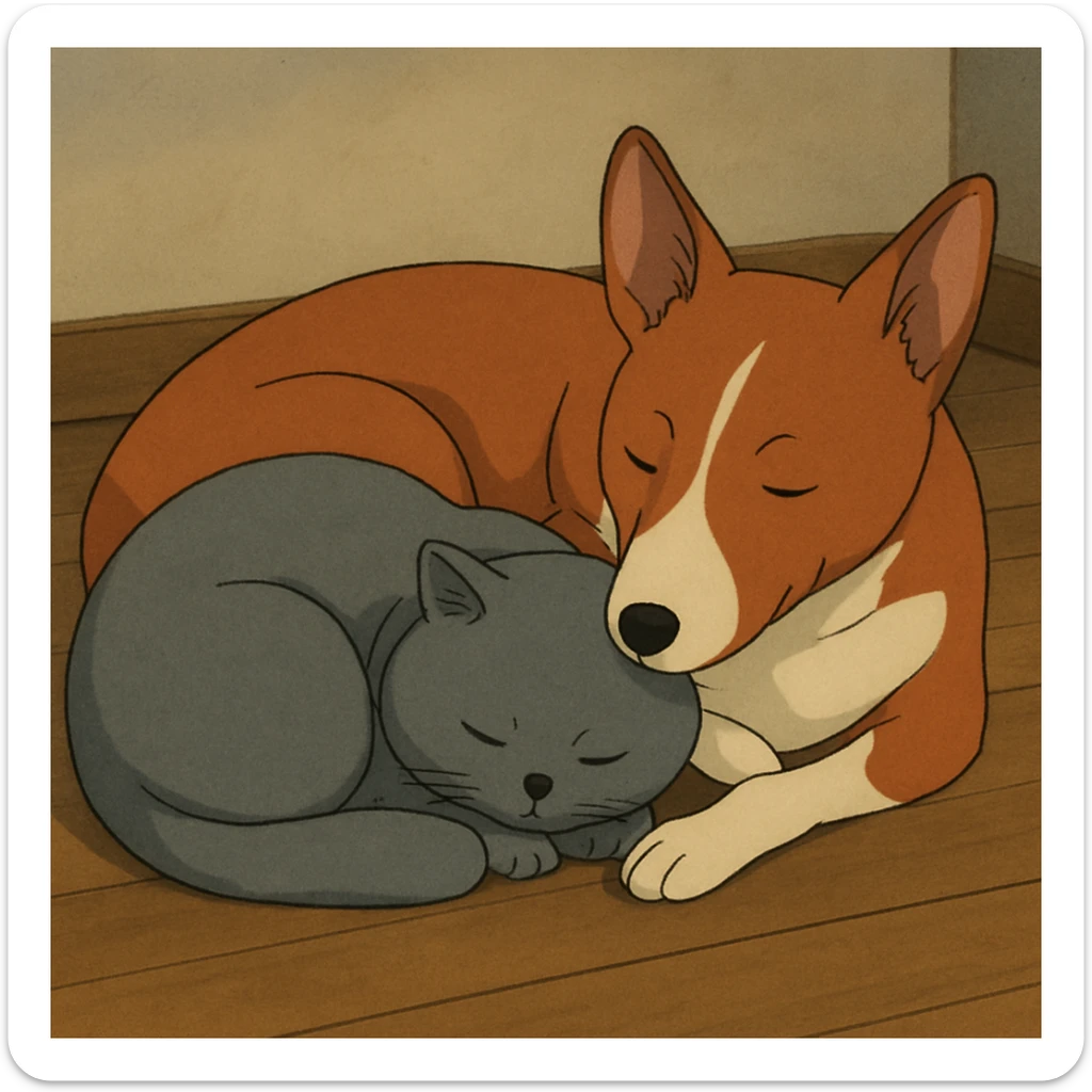 A gray British Shorthair cat curled up and sleeping next to a red Basenji dog sticker