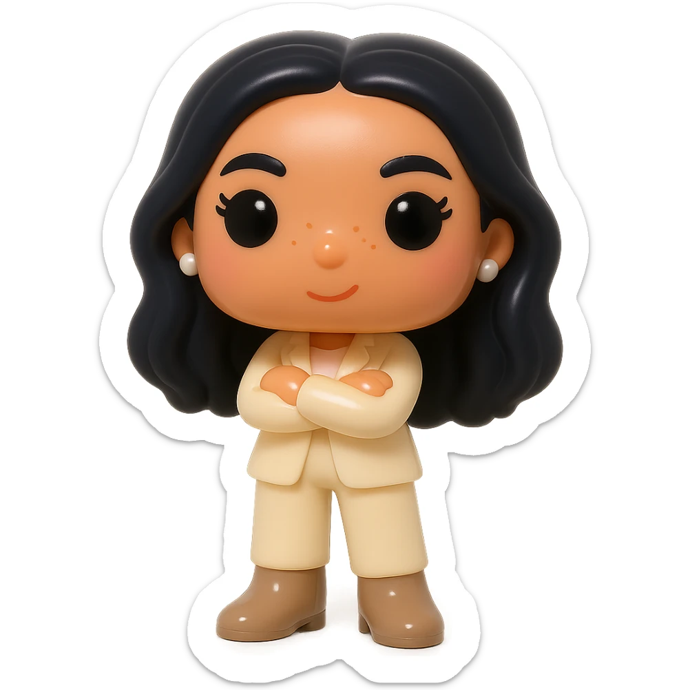 Funko Pop style vinyl figure with luminous smooth tanned skin, highly detailed dark hair, hyper-textured feminine cream suit (jacket and pants), small pearly earrings, greige leather boots clearly visible, arms crossed, rosy cheeks, very discreet freckles, eyelashes, mischievous and cheerful expression, no mouth, transparent background. sticker