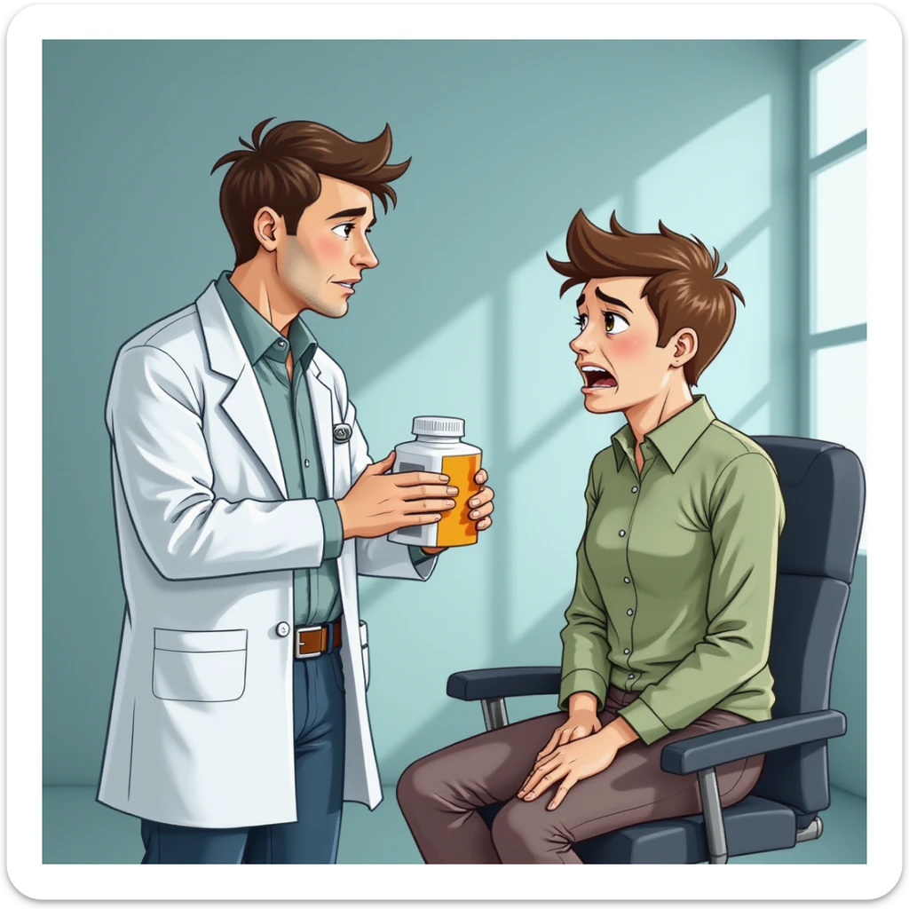 realistic illustration of a doctor in a white coat handing a box of medicine to a patient with a pained expression, the doctor seems uninvolved, clinic background, critical atmosphere sticker