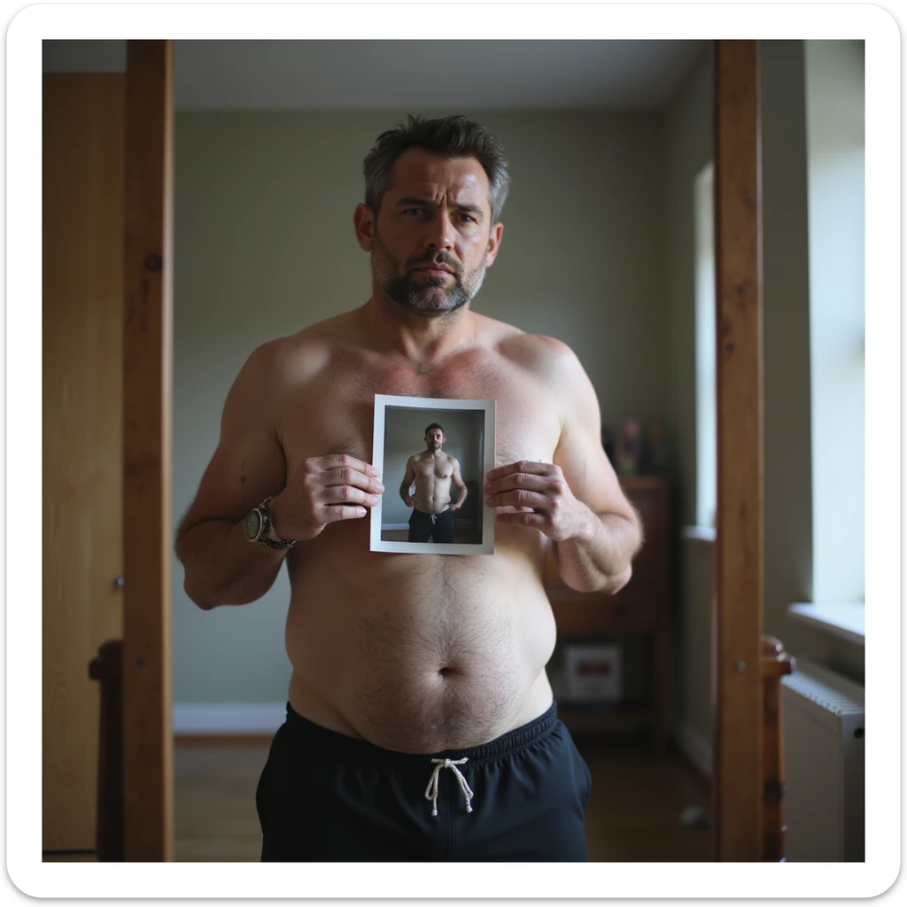 30-year-old man in sportswear standing in front of a mirror holding an old photo of himself thinner, frustrated expression, slightly protruding belly, home environment, hyperrealistic details, 4K sticker