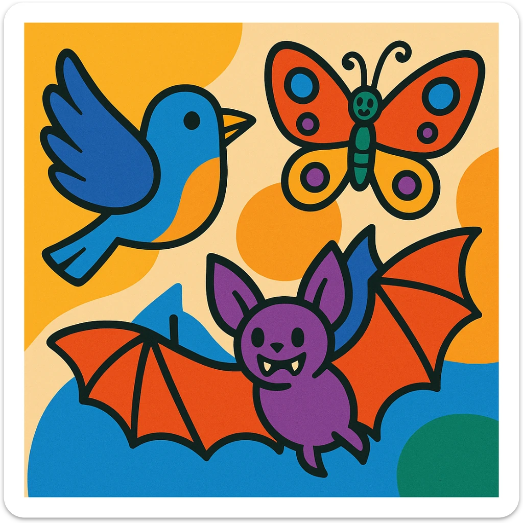 a group of animals with wings including a bird, a butterfly, and a bat in vibrant toon style sticker