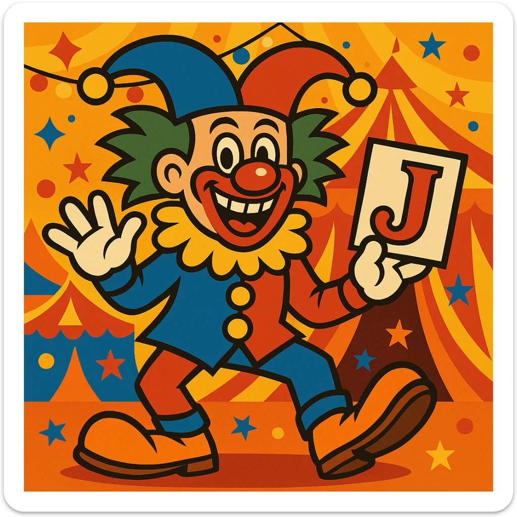 Add a festive circus background to the funny joker clown playing card character, keeping the wild and lively mood. sticker