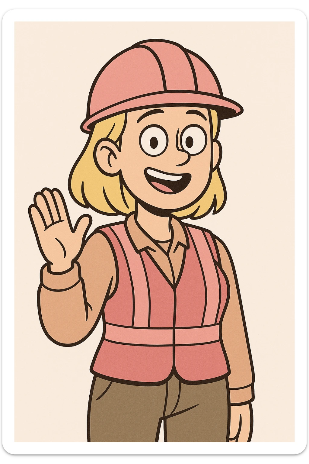 cartoon blonde girl construction worker wearing pink helmet and safety vest, waving, clean background sticker