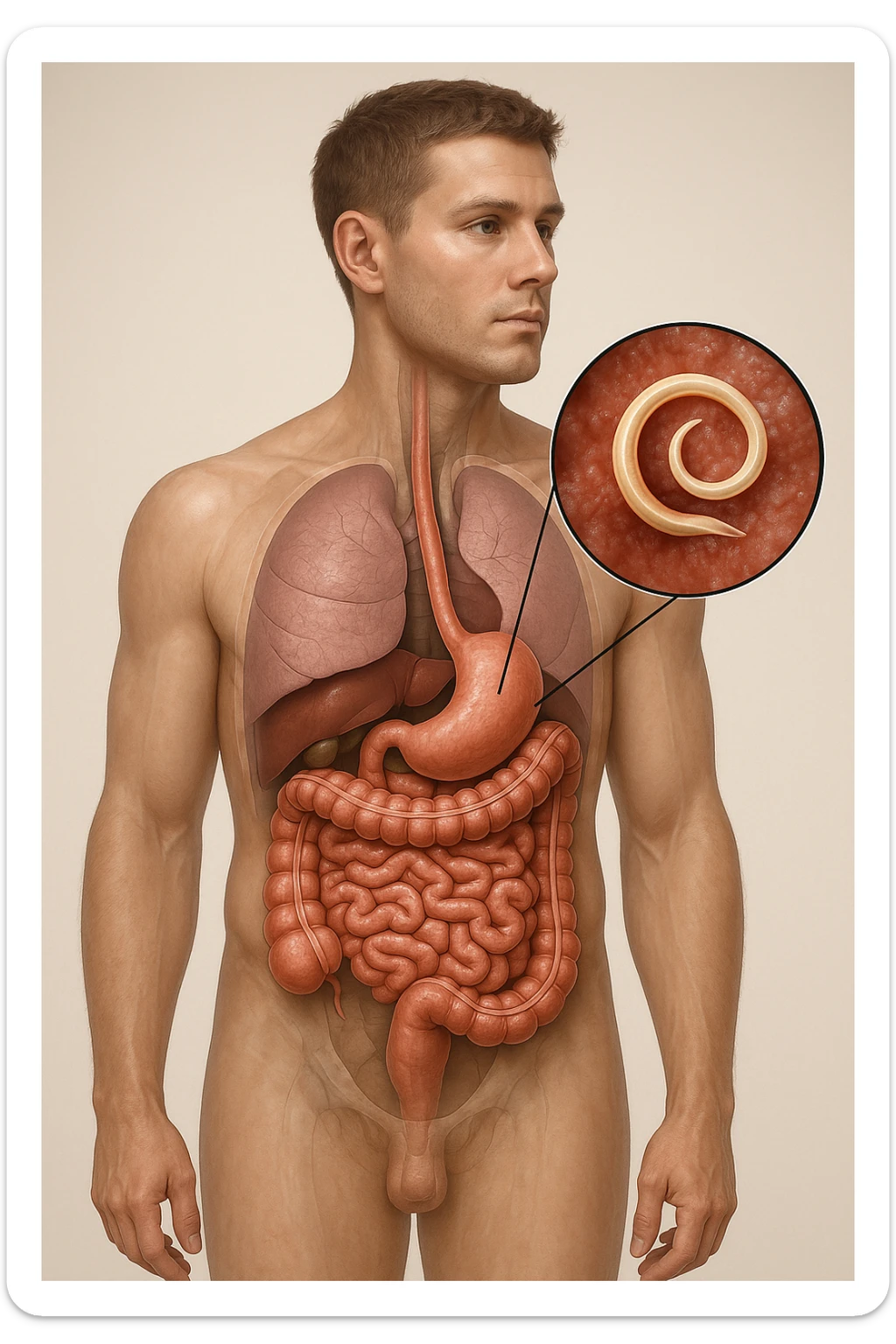 a 3D cutaway view of the human digestive tract, showing an Anisakis larva attached to the intestinal wall. in a man sticker