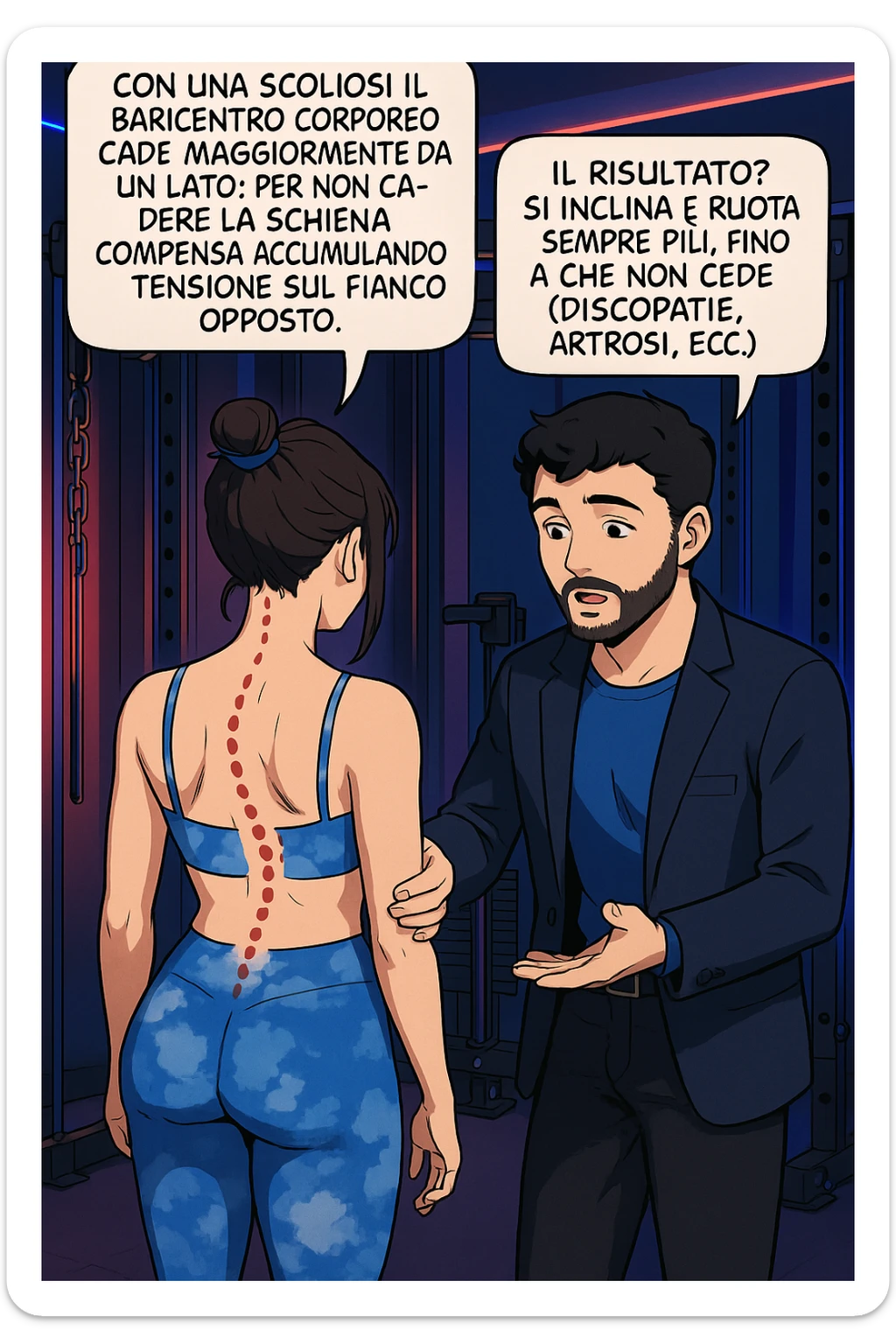 fai questa immagine in versione manga/webtoon a colori, il manga mostra la donna di spalle, mentre l'uomo le tocca la spina dorsale per spiegarle come funziona la scoliosi:
Con una scoliosi il baricentro corporeo cade maggiormente da un lato; per non cadere la schiena compensa accumulando tensione sul fianco opposto.
Il risultato? Si inclina e ruota sempre più, fino a che non cede (discopatie, artrosi, ecc) sticker