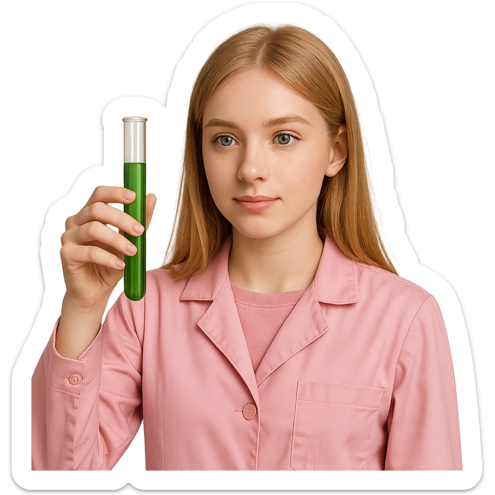 blonde girl with green-grey eyes, dressed in pink clothes, holding a test tube, chemist style sticker