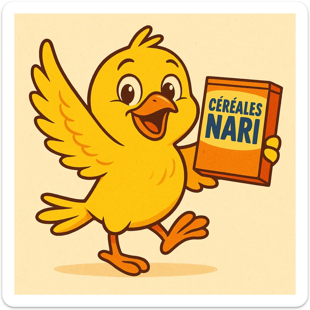 La mascotte du magaisn "céréales nari " doit être un canarie jaune joyeux !! Cree le sticker