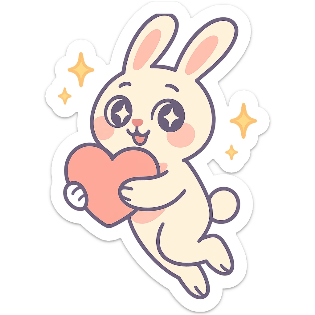 full-body milky white bunny with sparkling eyes, holding a big heart, sparkles floating around, dreamy pose, pastel toon style sticker