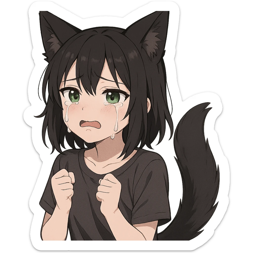 A girl with tears, black fox ears, and a tail, green eyes, dark hair sticker