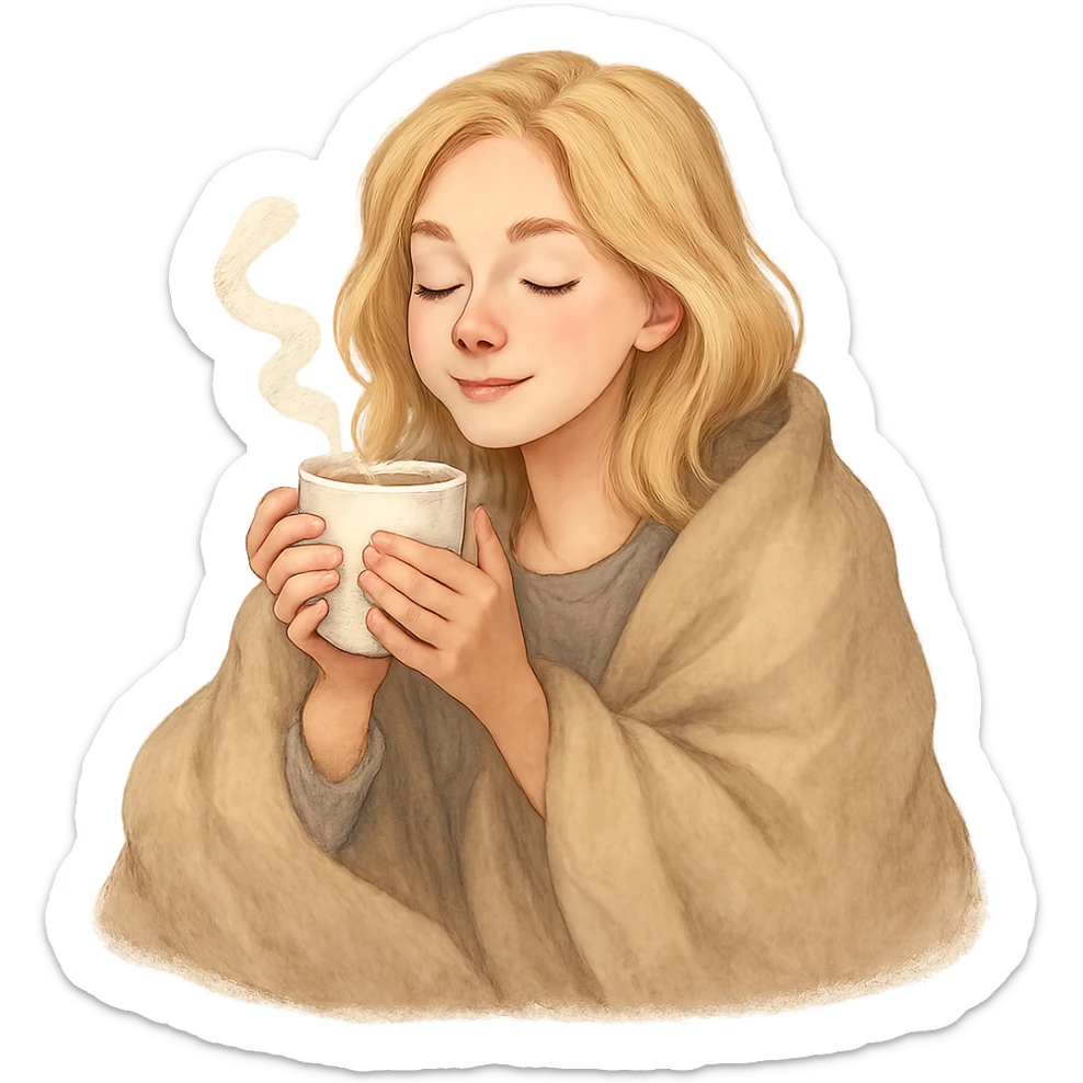 blonde girl snuggled in a blanket, drinking coffee, eyes closed, serene and content sticker