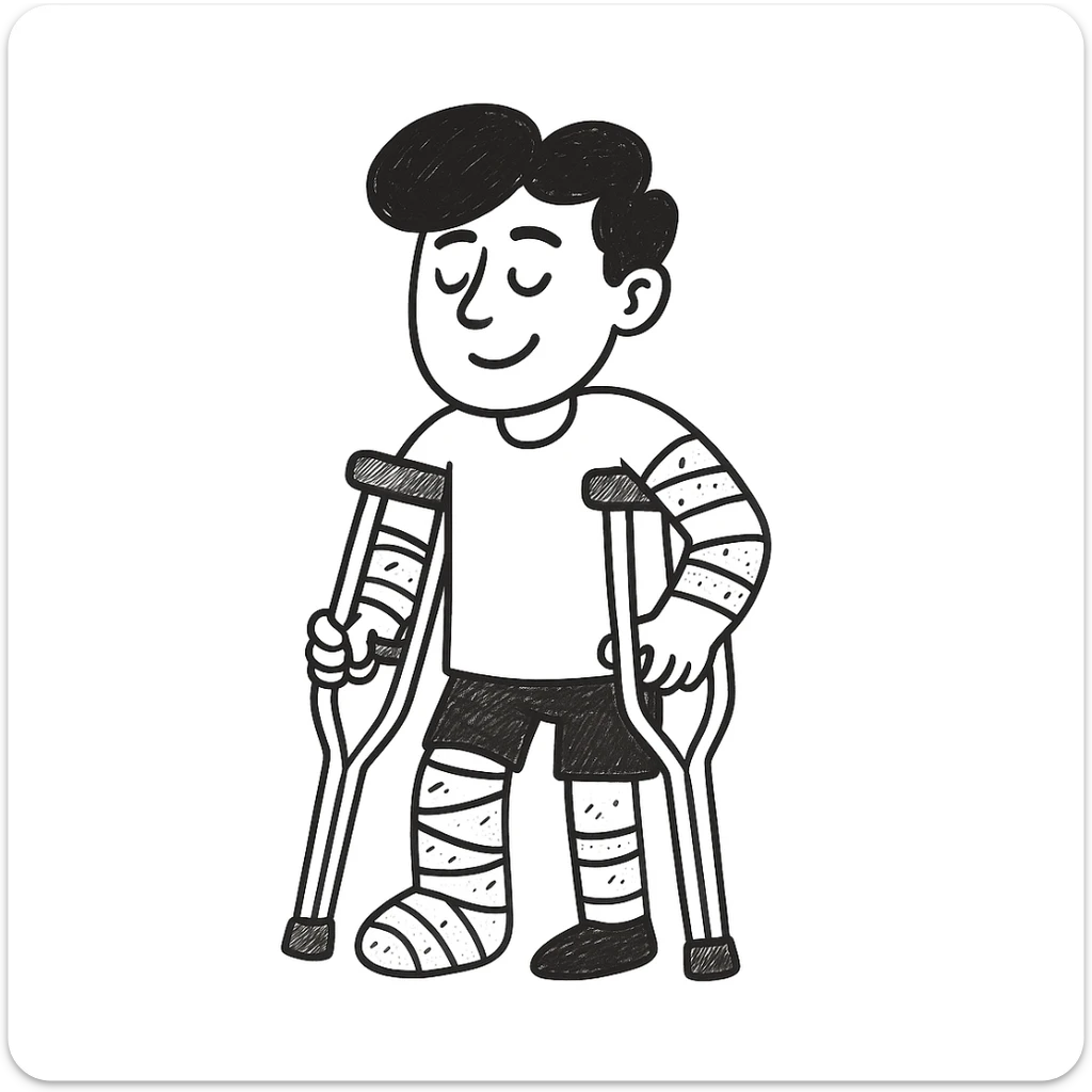 Add crutches and show more bandages on the injured man in the style of hand drawn doodles. Keep the doodle style. sticker