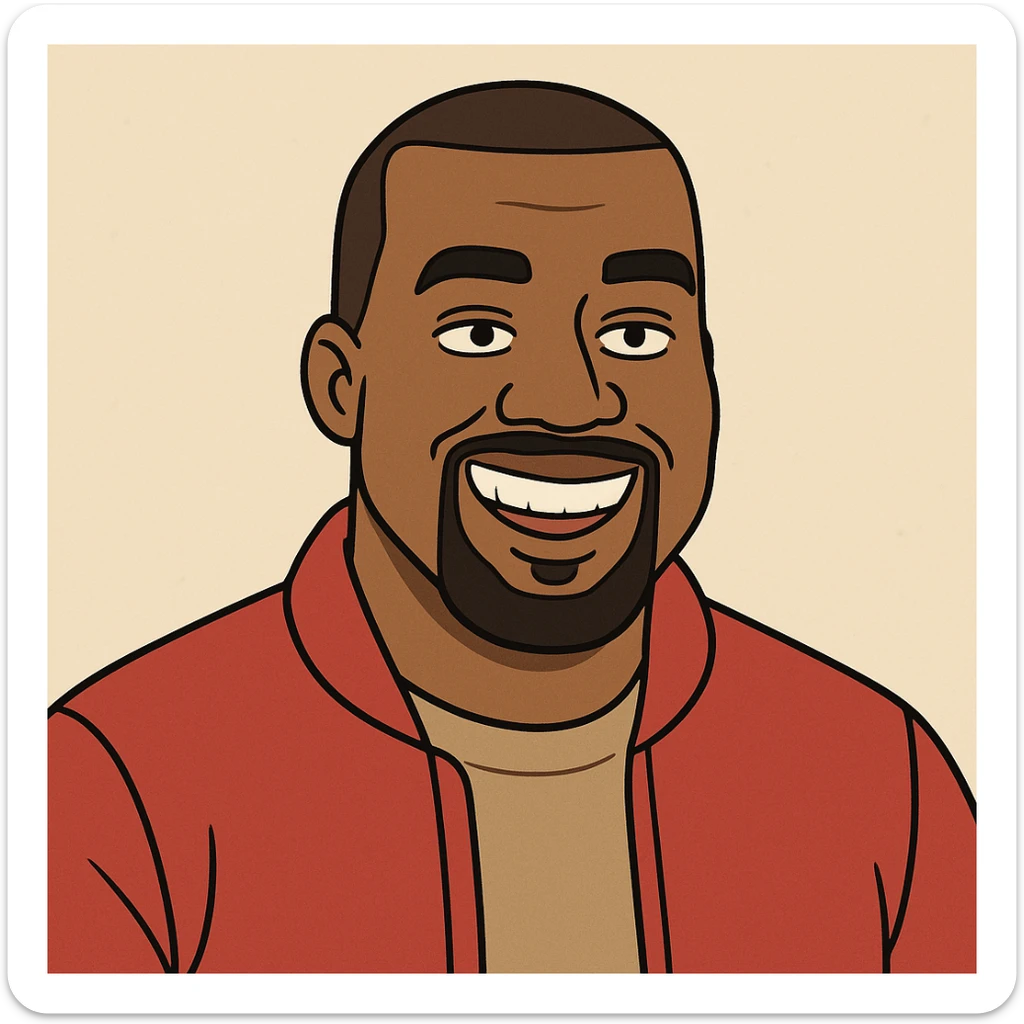 cartoon style portrait of Kanye West, wearing a red jacket, smiling sticker