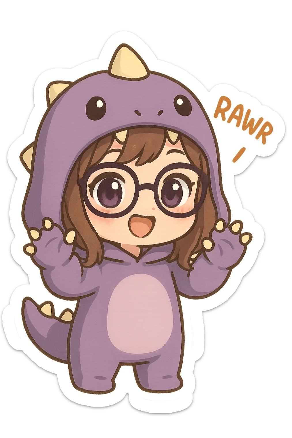 chibi anime style girl with glasses, brown hair, dark purple eyes, wearing a purple dinosaur costume, saying 'rawr' in a cute playful way, with paws up sticker