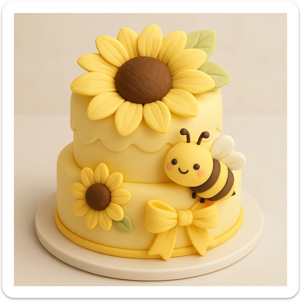 Add a cute bee next to the yellow flower in the fondant cake art style, keeping the cake-like appearance and colors consistent with the original image. sticker