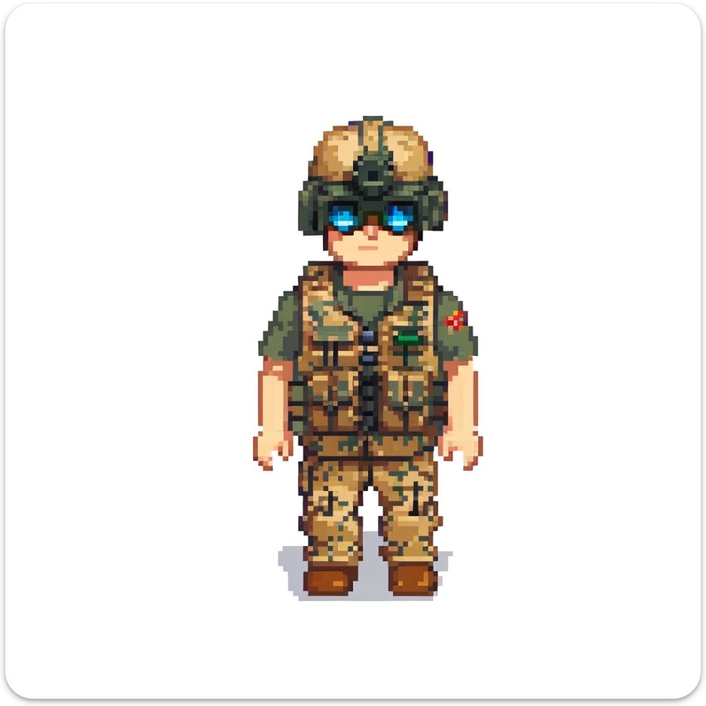 robloxian military man, blocky avatar, desert camo, tactical vest, holding binoculars, plain background sticker