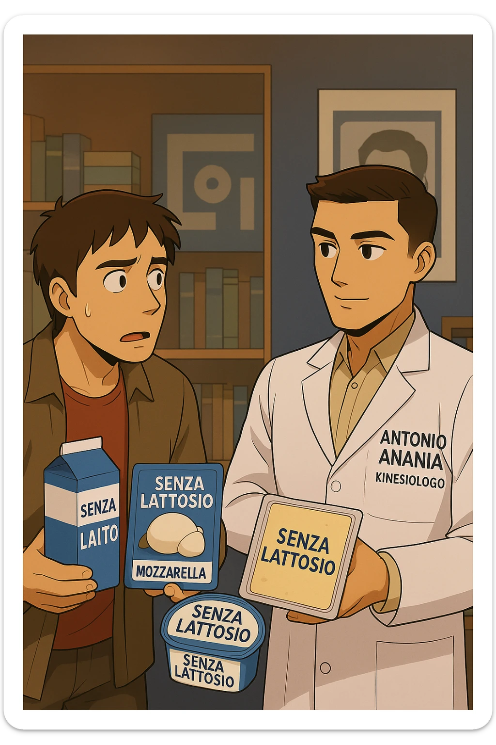 fai un webtoon manga a colori con questo stile, in cui un uomo ASCOLTA Il kinesiologo con il camice bianco (fagli anche la scritta "ANTONIO ANANIA" SUL CAMICE, IL KINESIOLOGO SPIEGA ALL'UOMO UNA MOSTRANDO VARI PRODOTTI DA SUPERMERCATO CONFEZIONATI (TIPO SCATOLA DI LATTE, MOZZARELLE CONFEZIONATE, FORMAGGIO CONFEZIONATO), OGNI CONFEZIONE HA LA SCRITTA "SENZA LATTOSIO SULL'ETICHETTA. L'UOMO OSSERVA IL KINESIOLOGO CON ESPRESSIONE CONFUSA IN VOLTO. non fare i fumetti però, fai solo in modo che sembri stiano parlando sticker