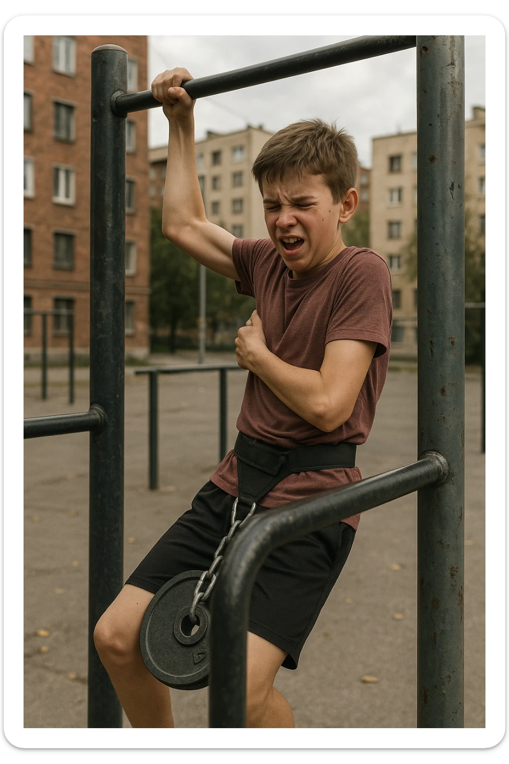 Giovane atleta neofita, fisico normale e non ancora sviluppato, si allena per la prima volta in uno spazio urbano per streetlifting: sbarra per trazioni, parallele, e pesi appesi alla cintura. Ma si è infortunato perchè non faceva le cose con la giusta tecnica. sticker