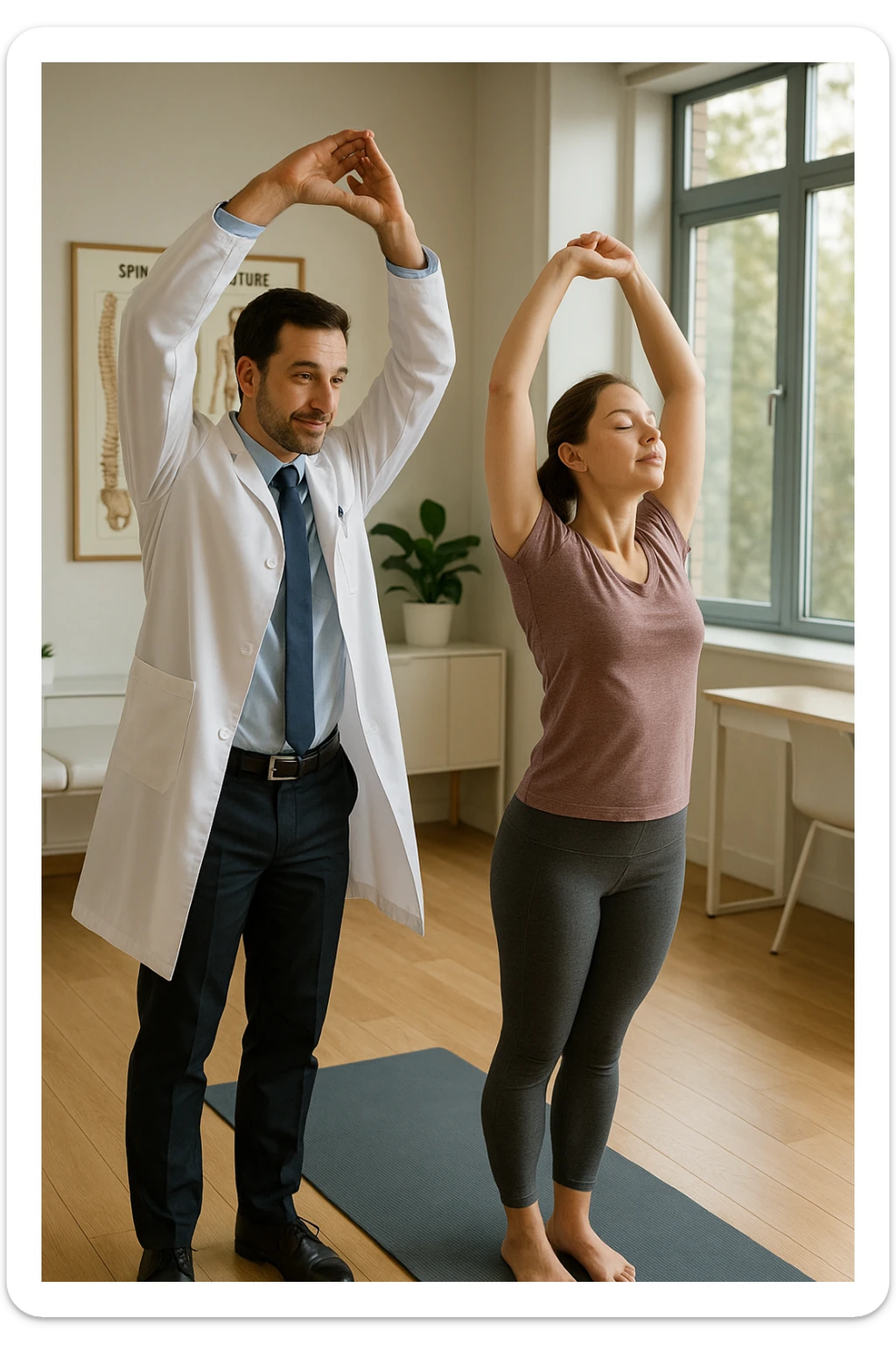 A realistic, cinematic illustration of a professional doctor in a white coat inside a bright, modern medical office, demonstrating a simple stretching exercise to a patient for improving posture. The doctor, calm and encouraging, shows a gentle spinal extension stretch while explaining its benefits for posture and spinal health, with an anatomical poster of the spine and posture alignment in the background. The scene includes a yoga mat, clean wooden floors, and natural light streaming through large windows, creating a warm, health-focused atmosphere. The patient, in comfortable activewear, watches and mirrors the stretch, emphasizing the preventive and therapeutic role of stretching for posture correction under medical guidanc sticker