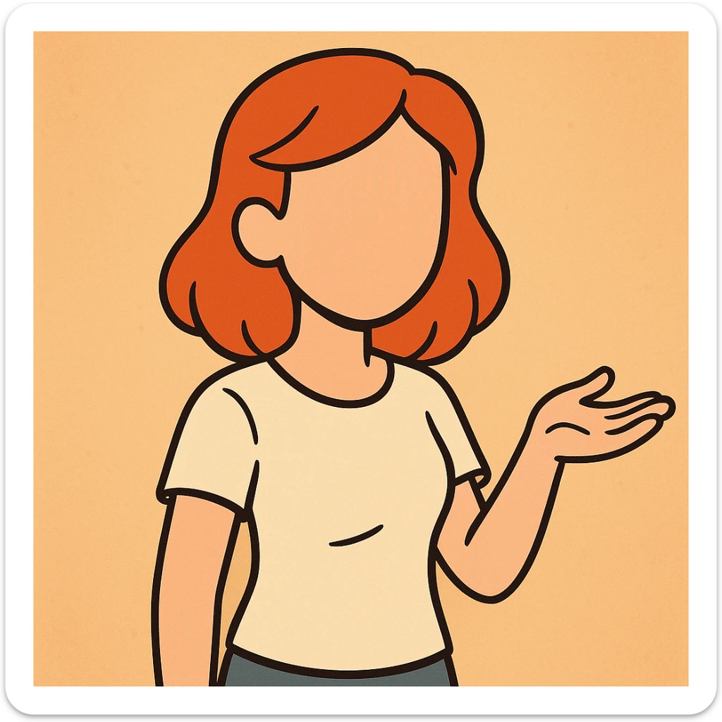 friendly young woman avatar with red hair, no face, gentle posture, warm color palette, simple flat toon illustration sticker