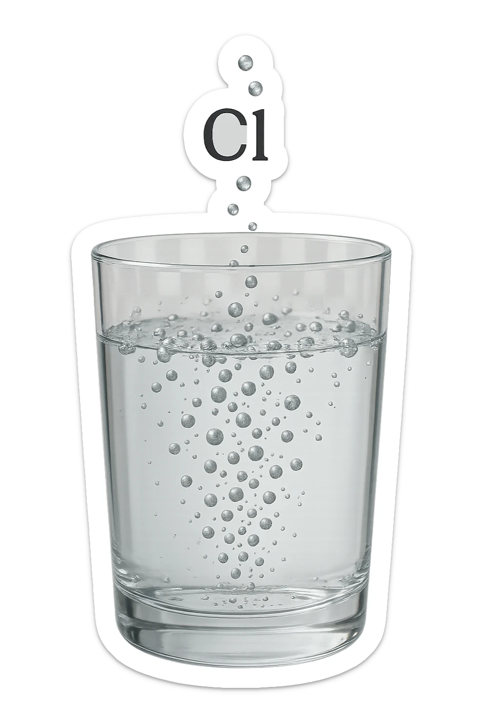 un bicchiere di acqua realistico e dettagliato fluttua in aria, dentro l'acqua del bicchiere ci sono particelle di cloro ben visibili con la scritta "Cl" sopra, ci sono particelle anche che escono dal bicchiere e fluttuano in aria verticalmente, mentre alcune sono all'interno dell'acqua nel bicchiere, iperrealistico 4k sticker