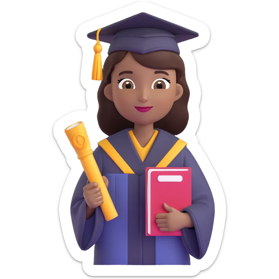 African American female graduate emoji, holding diploma, wearing cap and gown sticker