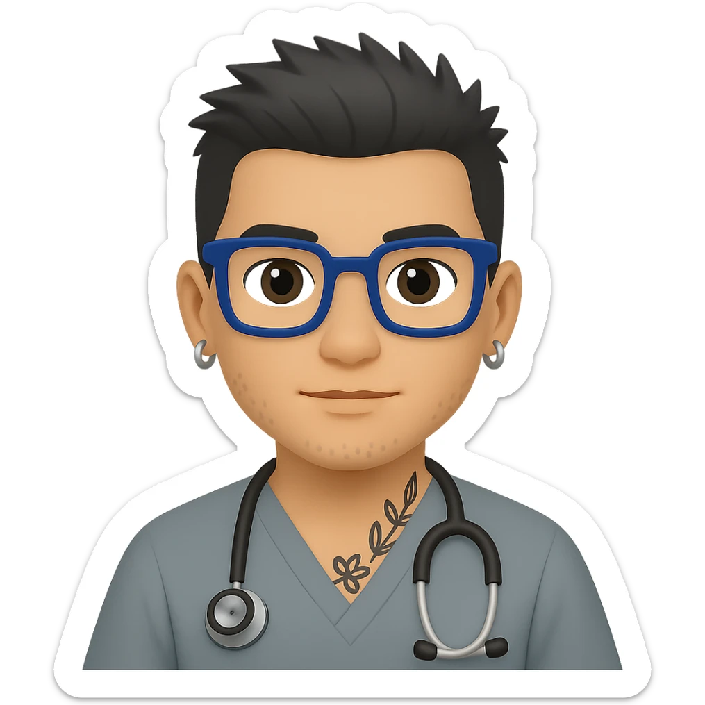 Dr. Efrén Rivera Santiago, a doctor with short spiked hair, gray scrubs, tattoos, and hook earrings, exudes professionalism and warmth. emoji style, with blue square glasses sticker