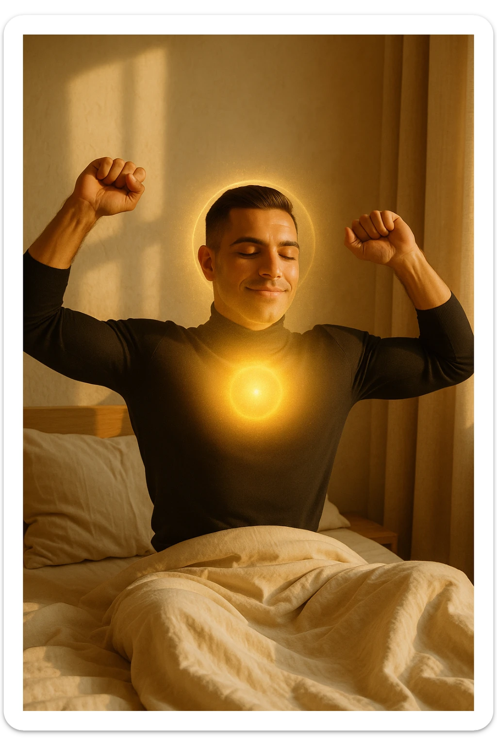 A cinematic photo of a man stretching in bed just after waking up, the morning sunlight flooding the room. His skin glows slightly, expression rested and serene. Muscles subtly defined, energy flowing through his posture. The air is filled with a golden calm. A symbolic glow surrounds his head and chest, representing mental clarity and physical recovery. The scene is clean, natural, minimalist. Rich in textures and realistic warmth. sticker