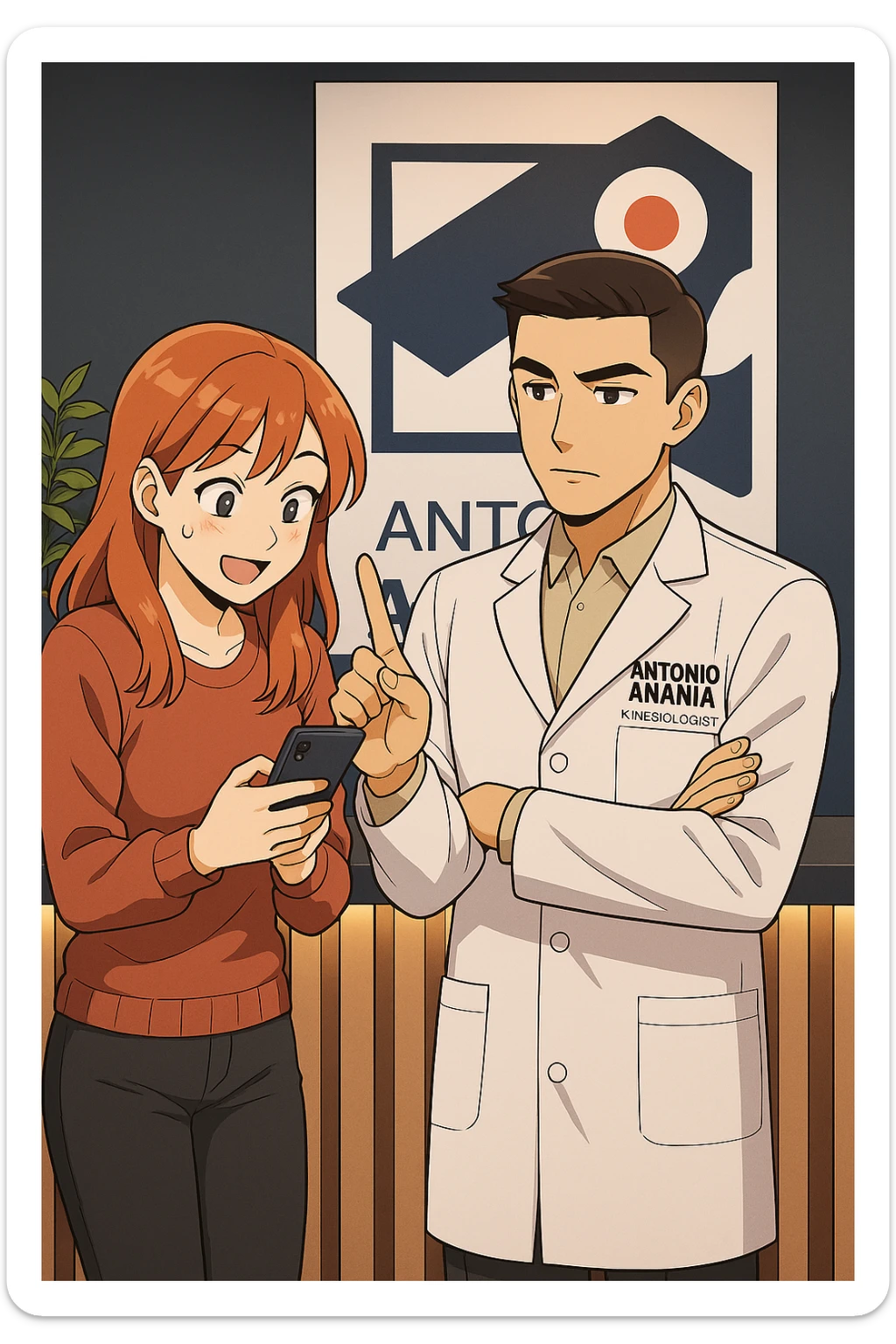 su questo stile fai un manga/webtoon a colori in cui una donna CONTROLLA ENTUSIASTA LO SMARTPHONE MENTRE PARLA CON L'UOMO, l'uomo della foto in stile manga LE DICE DI "NO" CON IL DITO, mantieni un ambiente simile alla foto che ho allegato con il suo logo (sarebbe il suo studio, lui è un kinesiologo), scrivigli "ANTONIO ANANIA" sul camice bianco, non mettere fumetti, ma fai in modo che sembri che la donna CONTROLLI LO SMARTPHONE E L'UOMO CON I GESTI LE FACCIA CAPIRE CHE STA SBAGLIANDO sticker