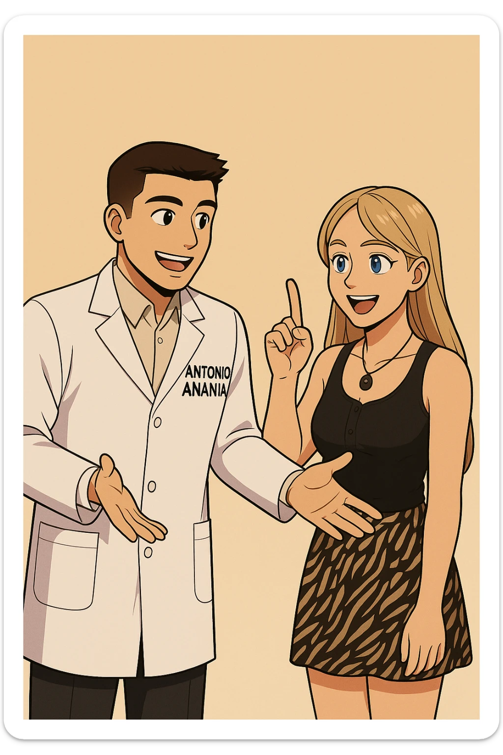 fai un webtoon/manga a colori con questo kinesiologo in camice bianco (fagli la scritta "ANTONIO ANANIA" SUL CAMICE) CHE PARLA CON QUESTA RAGAZZA CON GLI OCCHI AZZURRI. la ragazza lo guarda entusiasta con un indice alzato, IL KINESIOLOGO ha un espressione felice e la aspetta a braccia aperte. NON FARE I FUMETTI, FAI SOLO LORO COME SE DIALOGASSERO sticker