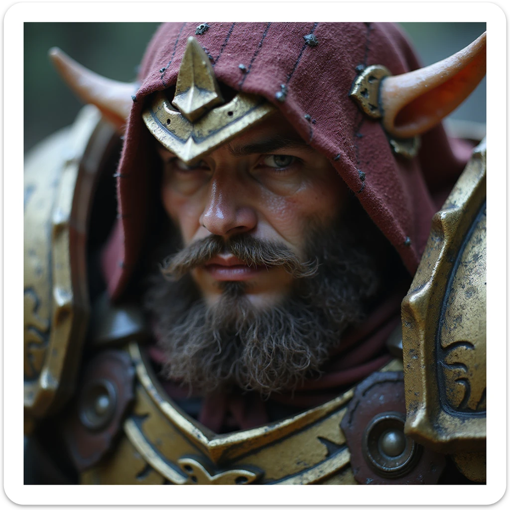 realistic fantasy style close-up detailed face of a League of Legends-inspired champion, armored and powerful sticker