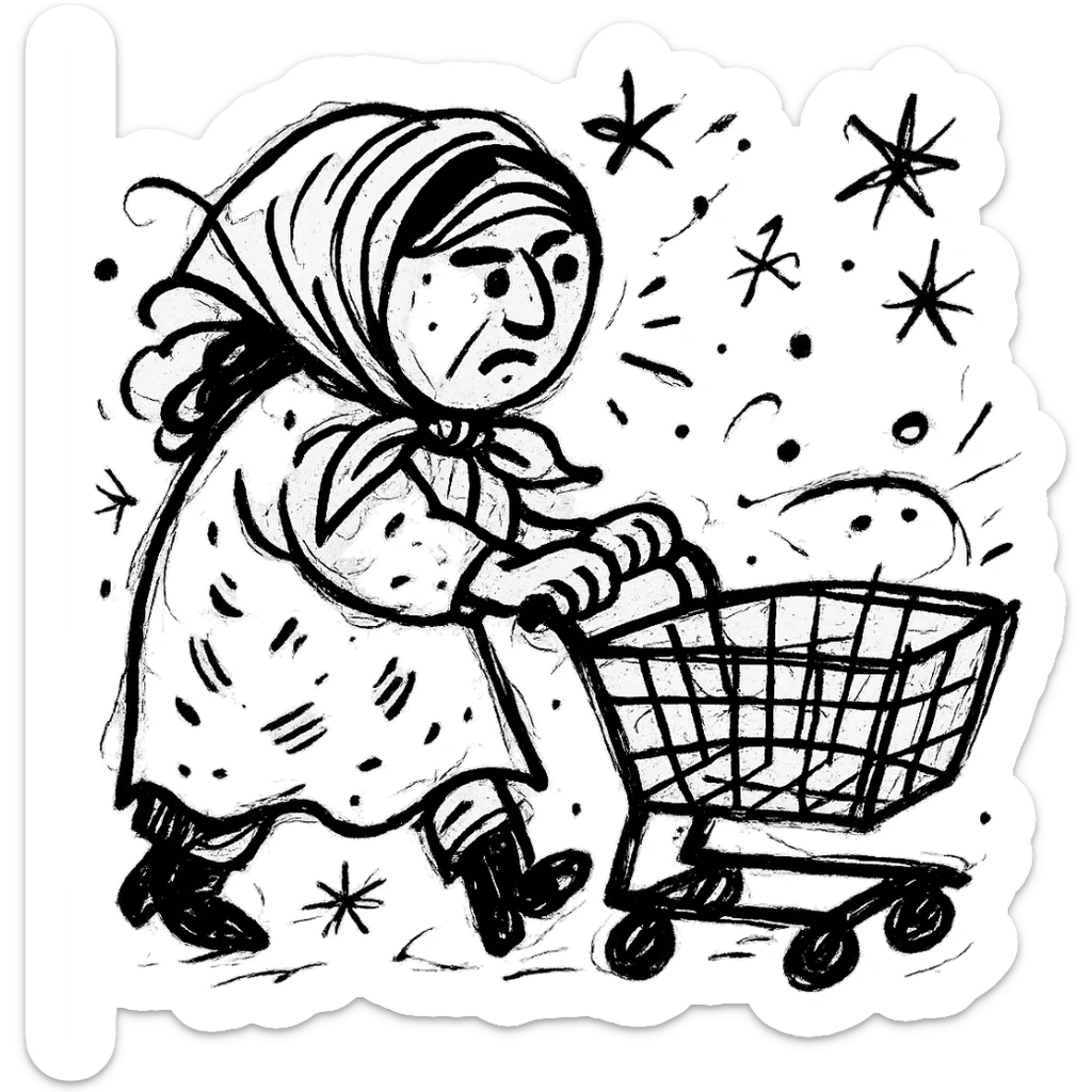hand-drawn Uzbek woman with a shopping cart, chaotic energy sticker