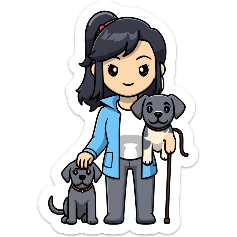 Woman with long black hair holding a black Cane Corso dog with cropped ears sticker