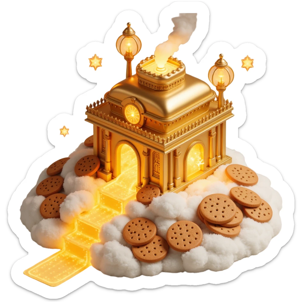 Exterior of a divine floating cookie factory, golden architecture with radiant pipes flowing with energy, infinite cookie stream from the entrance, glowing aura, celestial clouds surrounding it sticker