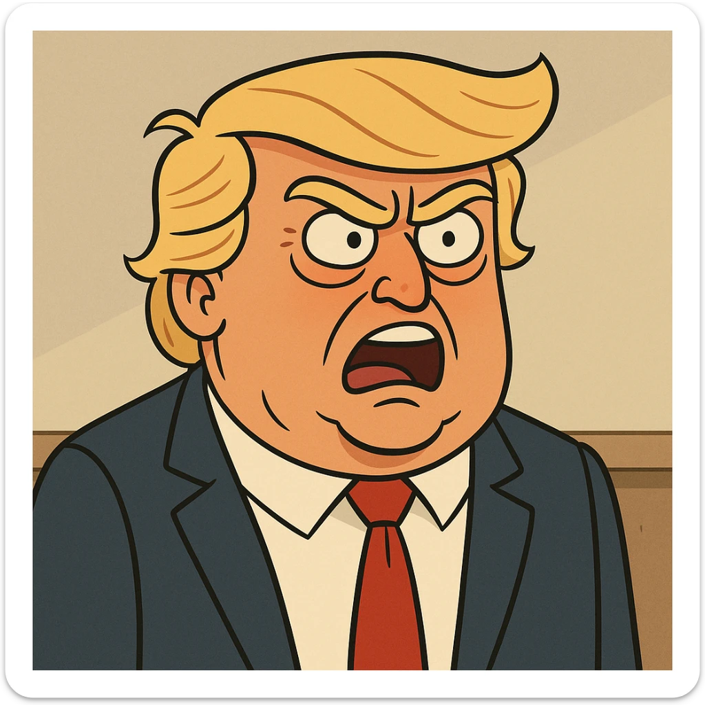 Donald Trump cartoon style, expressive face, orange hair, suit, no text sticker