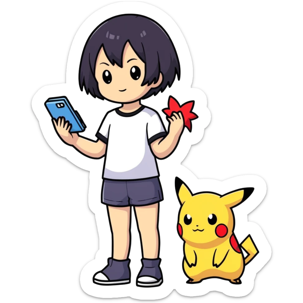 Mixed asian and european Girl with short black hair and pokemon  sticker