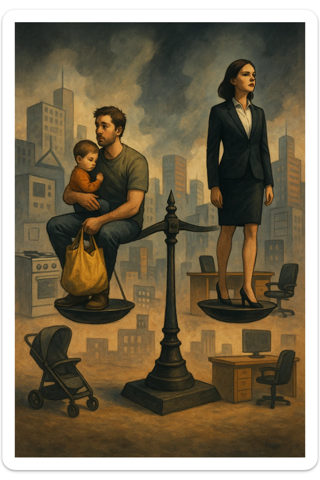 Scena metaforica: una bilancia sociale sbilanciata, con un uomo seduto da un lato con un bambino in braccio e una borsa della spesa, mentre una donna in carriera in abiti formali guarda lontano con espressione determinata. Intorno a loro, simboli confusi dei ruoli tradizionali (fornello, scrivania, passeggino, ufficio). Sullo sfondo, una città moderna e caotica. L’atmosfera è riflessiva, non giudicante. Luci contrastate, come a simboleggiare tensione culturale. in italiano sticker