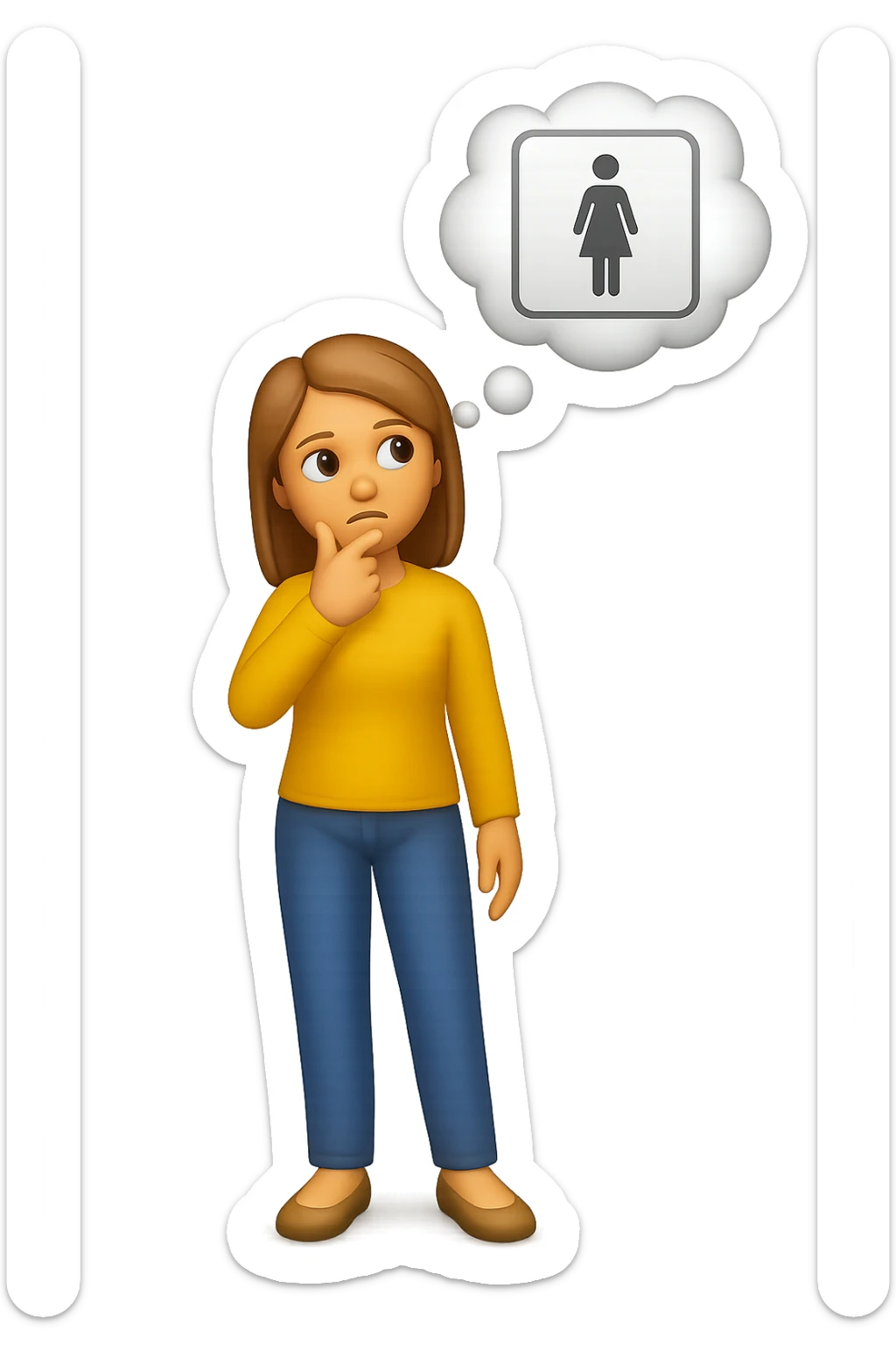 emoji stile iphone di una donna con nuvoletta di pensiero con all'interno la toilet per donne, falla a corpo intero, iperrealistico 4k sticker