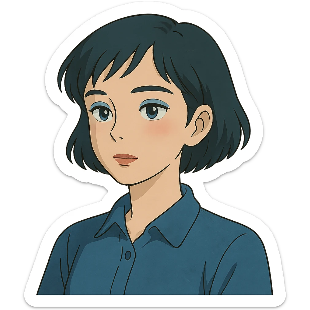 profile picture of a 22-year-old girl with short hair, cool tone makeup, blue shirt, ghibli style sticker