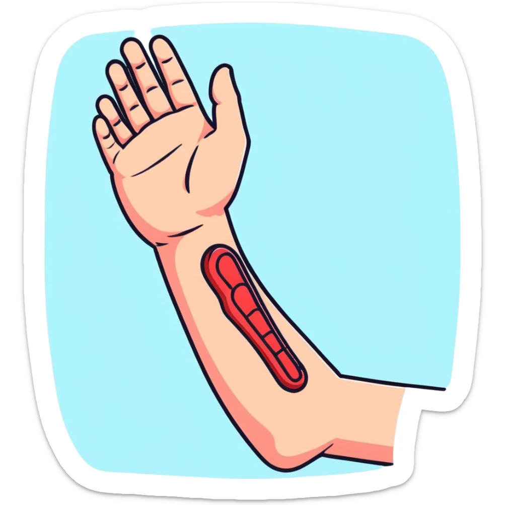 Forearm with allergy skin prick test showing red reaction bumps, 5 fingers visible at the wrist, medical procedure sticker