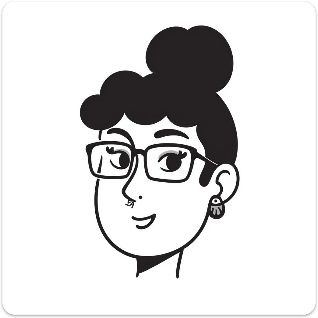23-year-old girl with square thin glasses, brown curly hair in a high bun, big eyes and lashes, small nose and mouth, thin hoop nose piercing sticker