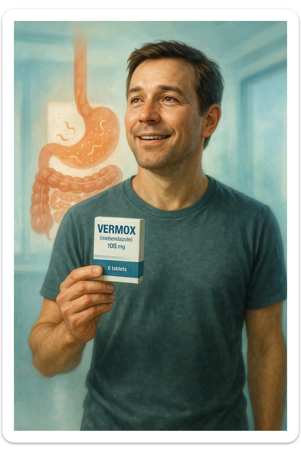 A realistic, cinematic illustration of a man in his late 30s holding a small white box of ‘Vermox’ (mebendazole) in one hand, with a relieved and hopeful expression on his face. Behind him, a semi-transparent overlay shows his digestive tract where small, symbolic worm-like parasites are dissolving and disappearing, indicating the medication’s effect. The environment is clean and bright, with a medical yet hopeful tone, conveying the concept of effective parasite removal. Subtle blue and green tones symbolize cleansing and health restoration, while the man appears energized and ready to reclaim his well-being sticker