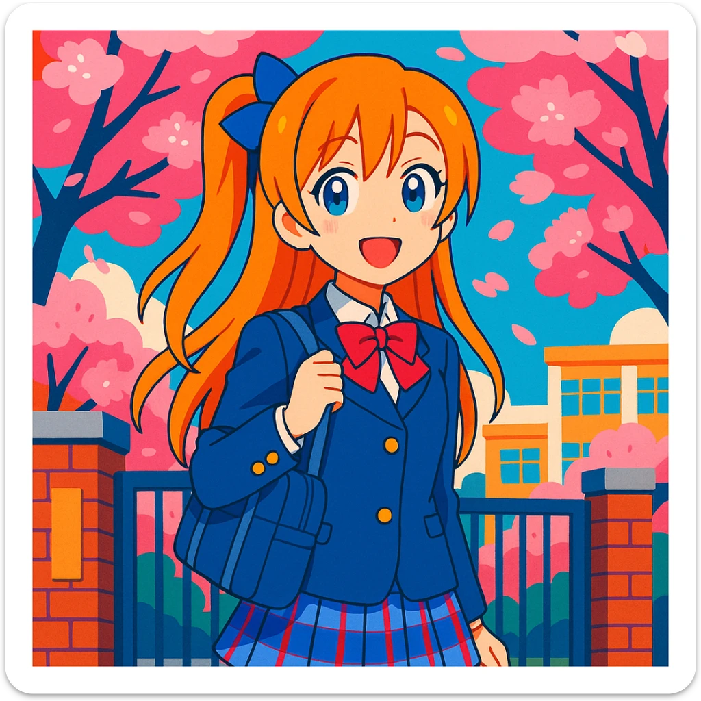 anime schoolgirl with long orange hair, blue ribbon, blue eyes, smiling, in Japanese school uniform, standing by school gate with cherry blossoms, vibrant colors, Love Live! inspired sticker
