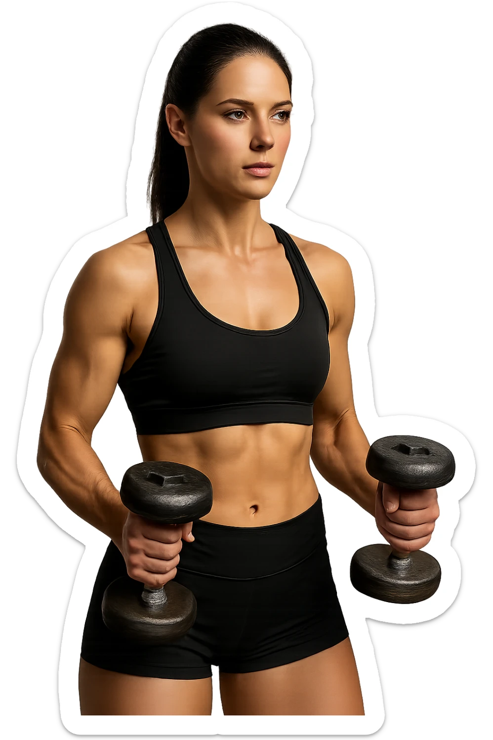 donna fitness in forma con manubri da palestra in mano, isolata su sfondo bianco sticker